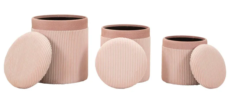Puff con Contenitore Cortina Rosa Set 3 Pz Ø40,5x49,5 cm - Ø35x42 cm - Ø31x38 cm in MDF e Spugna e Poliestere Rosa