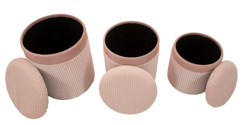 Puff con Contenitore Cortina Rosa Set 3 Pz Ø40,5x49,5 cm - Ø35x42 cm - Ø31x38 cm in MDF e Spugna e Poliestere Rosa