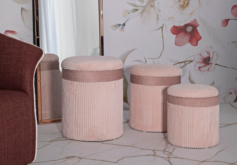 Puff con Contenitore Cortina Rosa Set 3 Pz Ø40,5x49,5 cm - Ø35x42 cm - Ø31x38 cm in MDF e Spugna e Poliestere Rosa