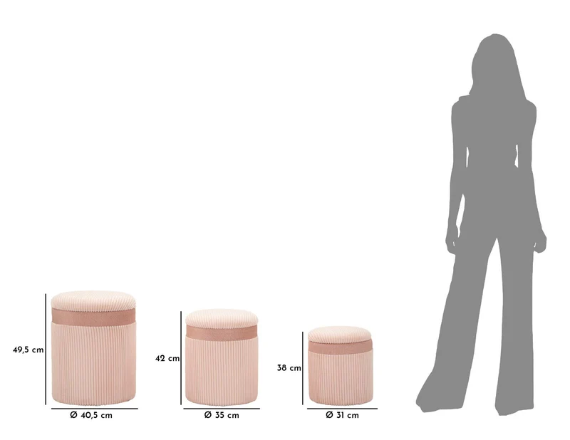 Puff con Contenitore Cortina Rosa Set 3 Pz Ø40,5x49,5 cm - Ø35x42 cm - Ø31x38 cm in MDF e Spugna e Poliestere Rosa