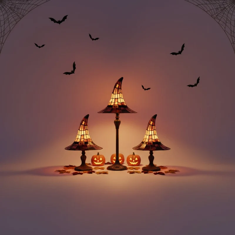 Witch Hat Stained Glass Table Lamp with Bronze Metal Base and Beaded Pull Chain