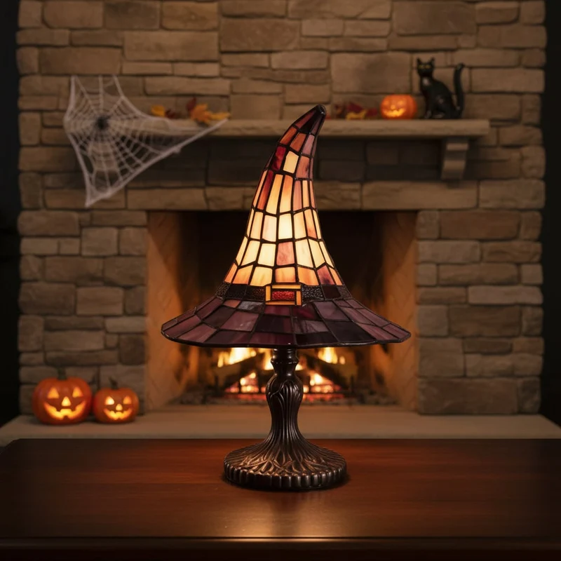 Witch Hat Stained Glass Table Lamp with Bronze Metal Base and Beaded Pull Chain