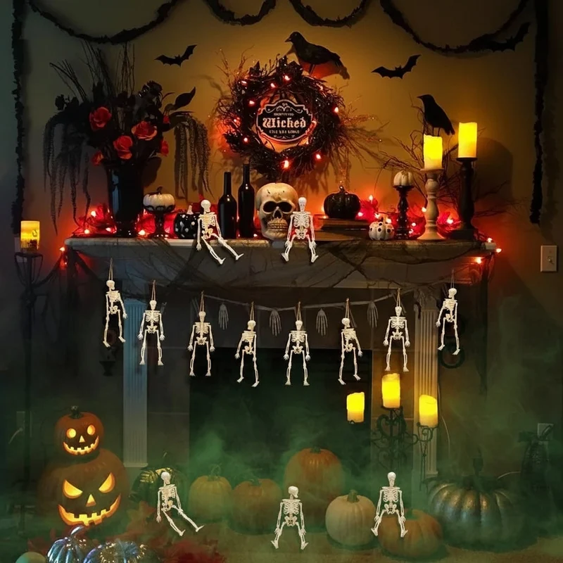 Spooky Skeleton Decorations with Hanging String Poseable Miniature Plastic Ornaments