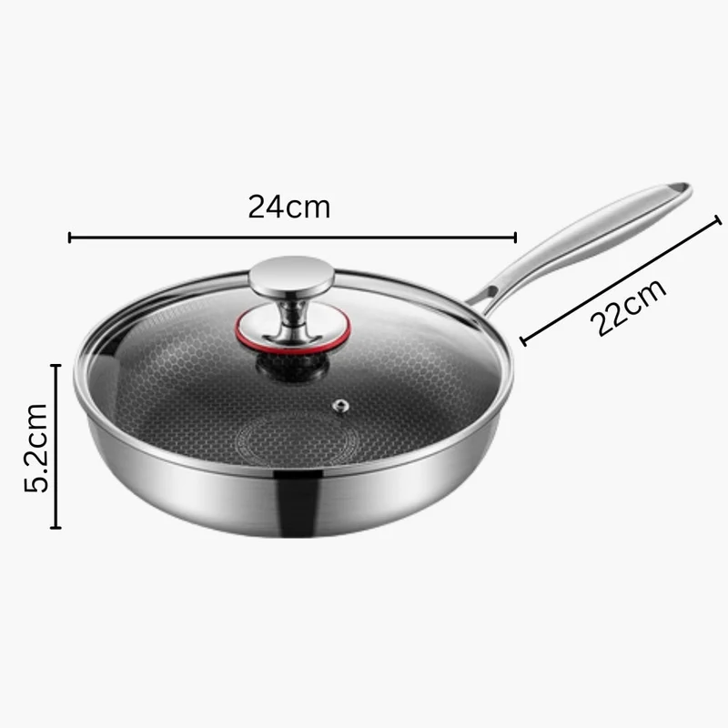 Stainless Steel Frying Pan with Honeycomb Coating and Glass Lid, 24 Cm