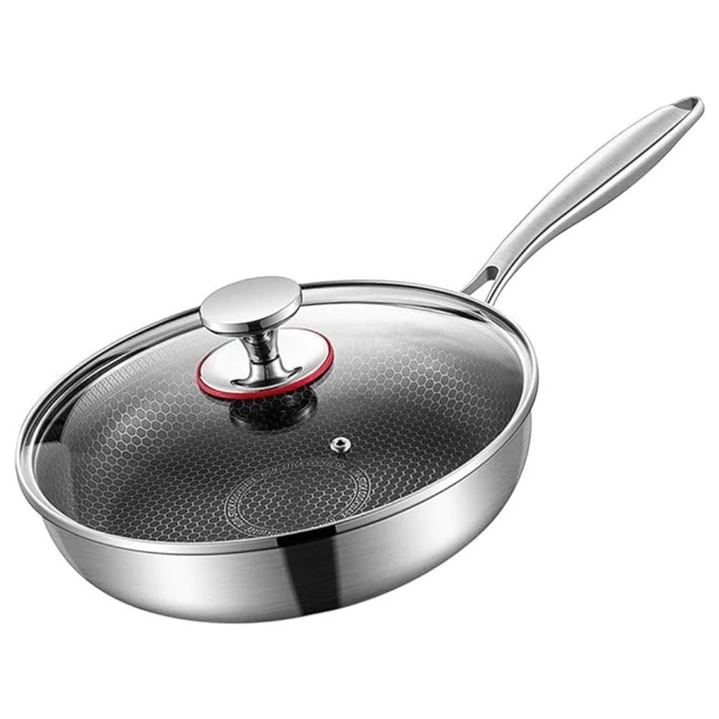 Stainless Steel Frying Pan with Honeycomb Coating and Glass Lid, 24 Cm