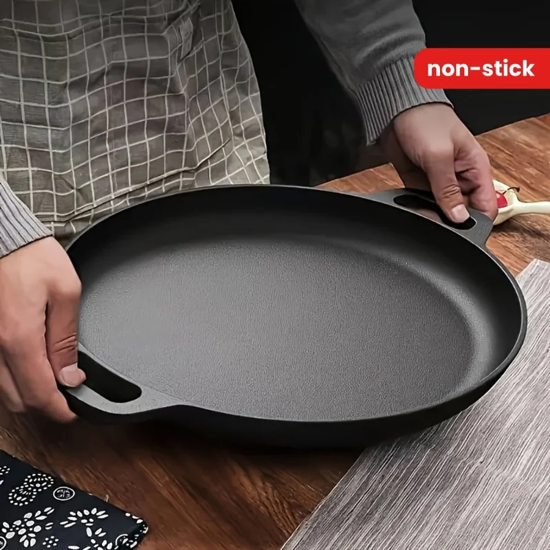 Cast Iron Pan for Pancakes and Fried Eggs with Two Handles, Flat and Round