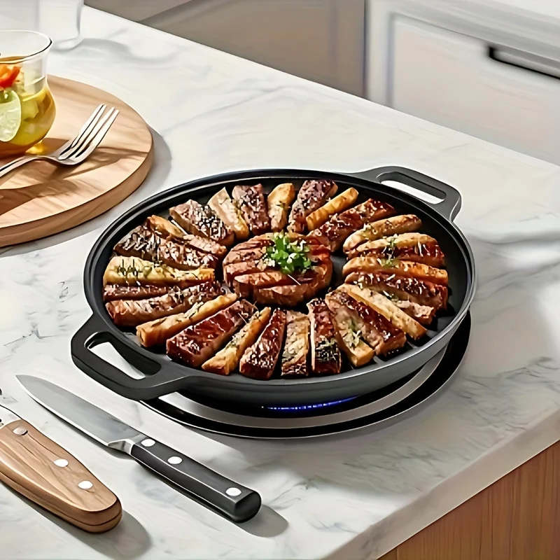 Cast Iron Pan for Pancakes and Fried Eggs with Two Handles, Flat and Round