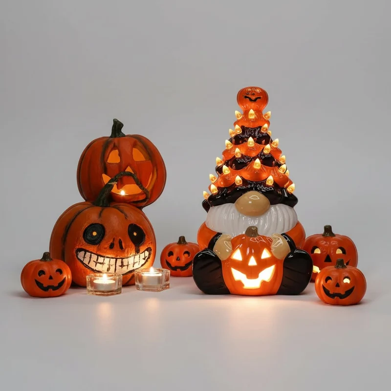 Halloween glowing ceramic gnome figurine with pumpkins for decoration
