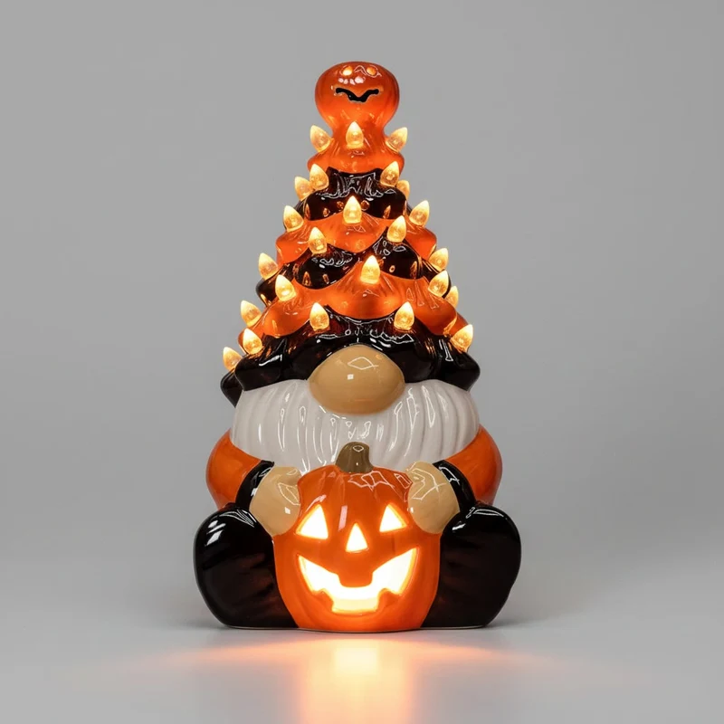 Halloween glowing ceramic gnome figurine with pumpkins for decoration