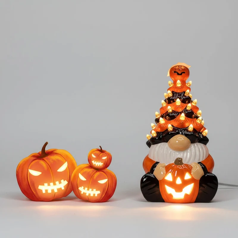 Halloween glowing ceramic gnome figurine with pumpkins for decoration