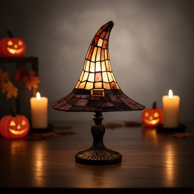 Halloween Witch Hat Stained Glass Table Lamp with Metal Base