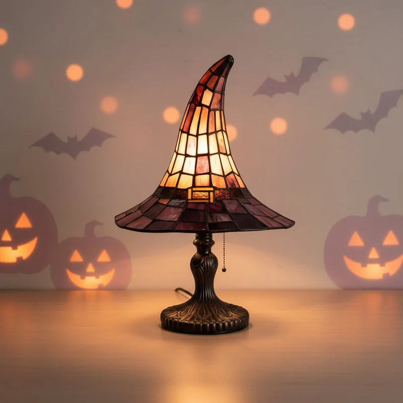 Halloween Witch Hat Stained Glass Table Lamp with Metal Base