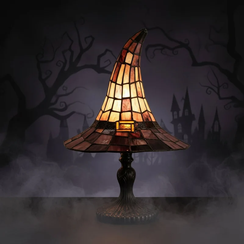 Halloween Witch Hat Stained Glass Table Lamp with Metal Base