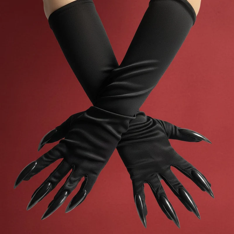 Long Black Satin Claw Gloves with Attached Plastic for Witch Costumes