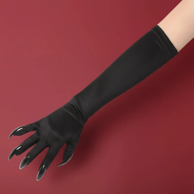 Long Black Satin Claw Gloves with Attached Plastic for Witch Costumes