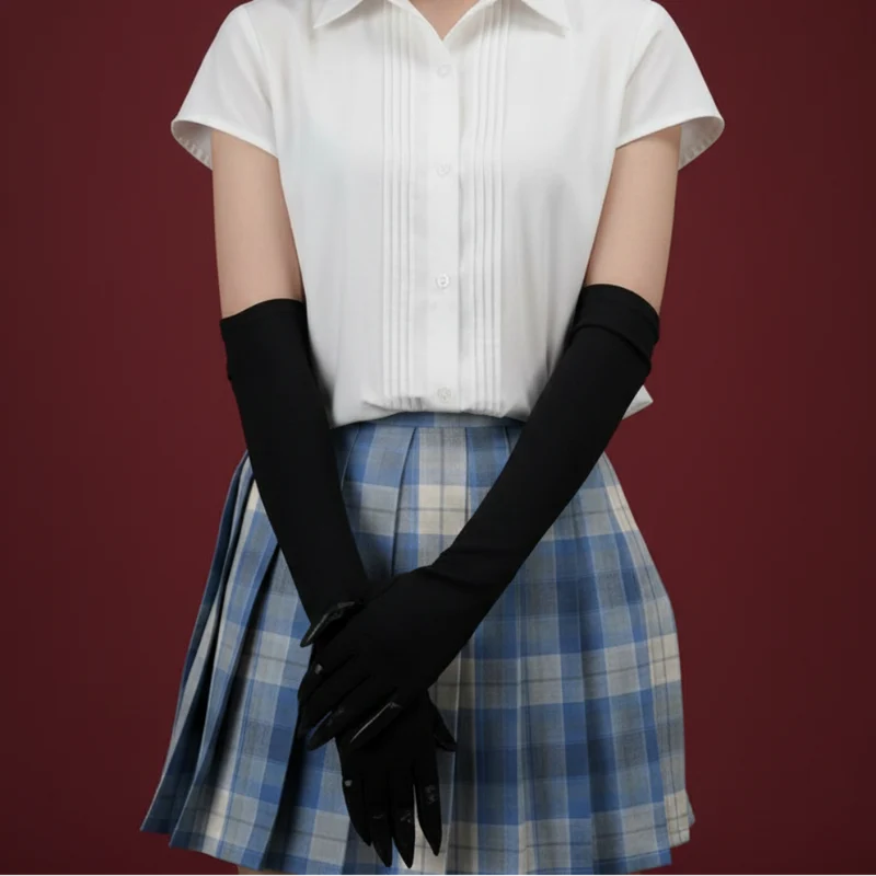 Long Black Satin Claw Gloves with Attached Plastic for Witch Costumes