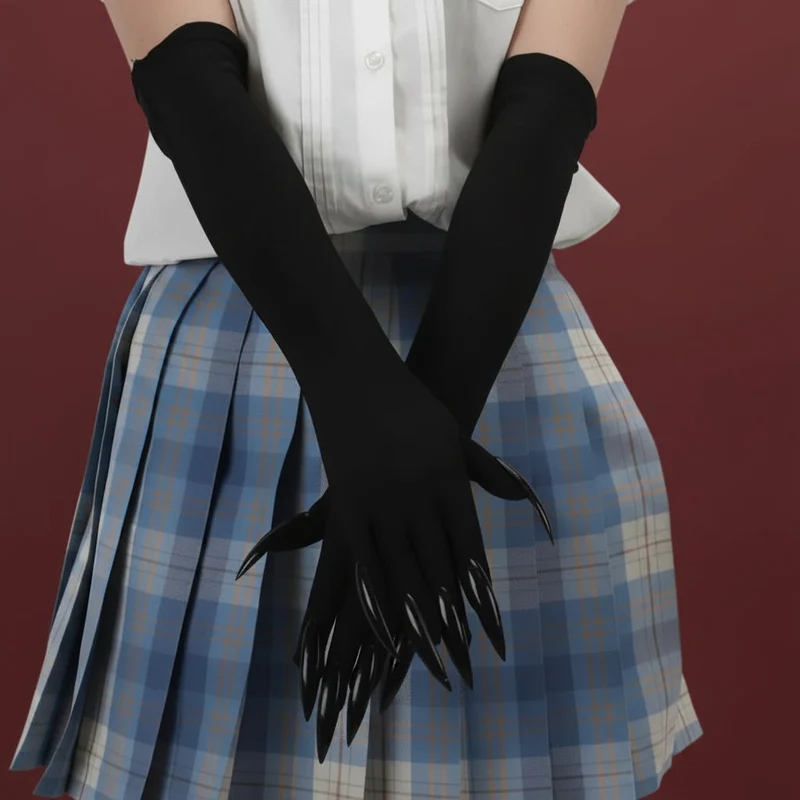 Long Black Satin Claw Gloves with Attached Plastic for Witch Costumes
