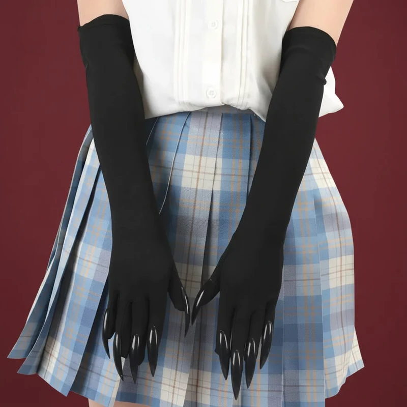 Long Black Satin Claw Gloves with Attached Plastic for Witch Costumes