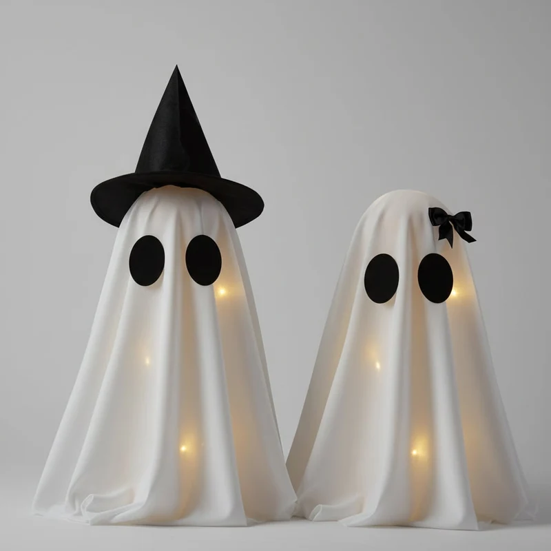 Lighted Ghost Decorations Set of Two with LED Lights and Black Witch Hats for Halloween