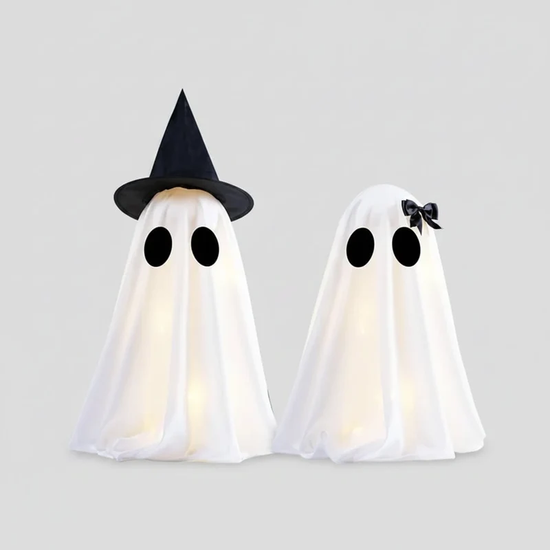 Lighted Ghost Decorations Set of Two with LED Lights and Black Witch Hats for Halloween