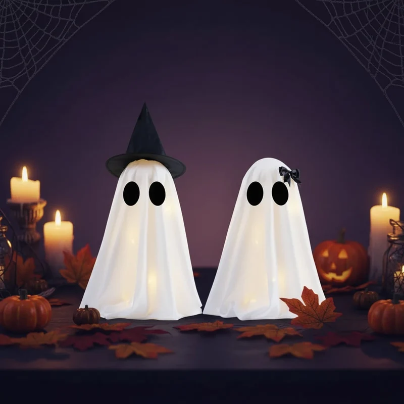 Lighted Ghost Decorations Set of Two with LED Lights and Black Witch Hats for Halloween