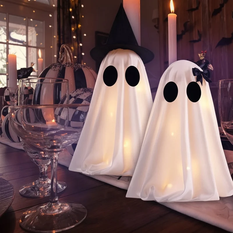 Lighted Ghost Decorations Set of Two with LED Lights and Black Witch Hats for Halloween