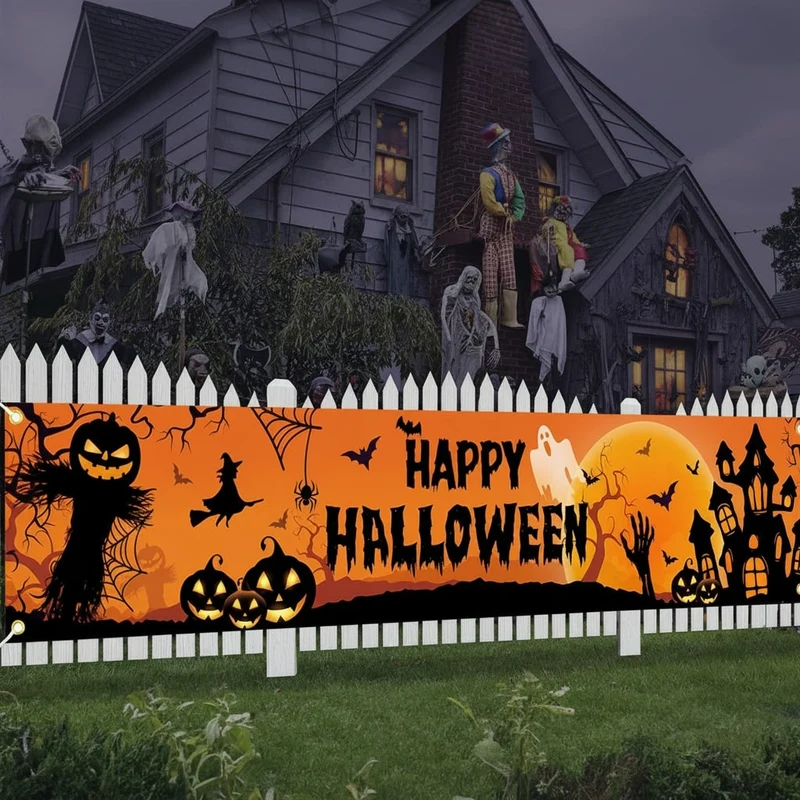 Halloween Banner with Pumpkin Ghost Castle and Happy Text for Outdoor Fence Decoration