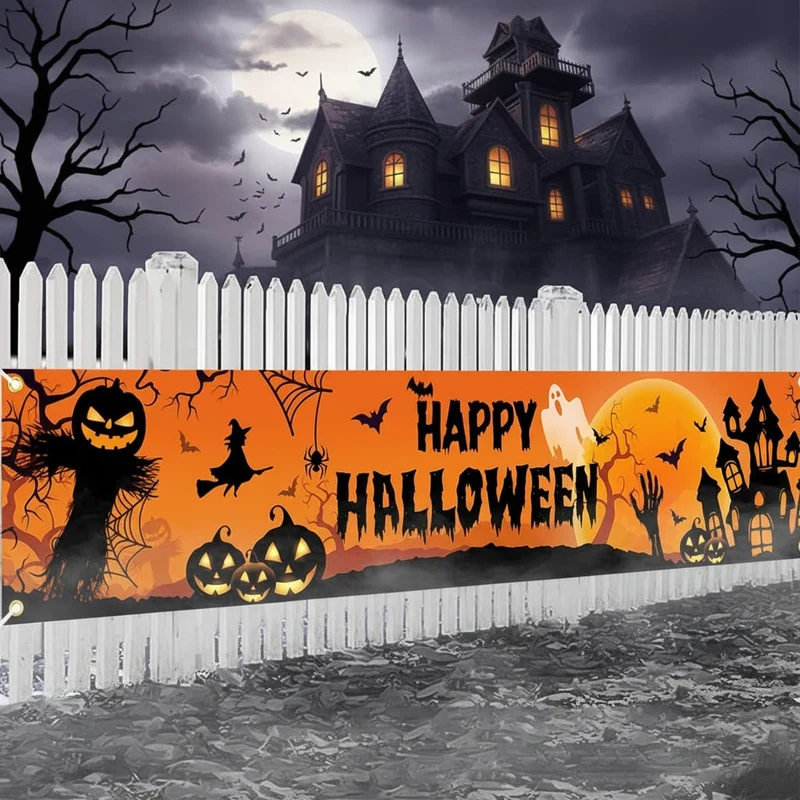 Halloween Banner with Pumpkin Ghost Castle and Happy Text for Outdoor Fence Decoration