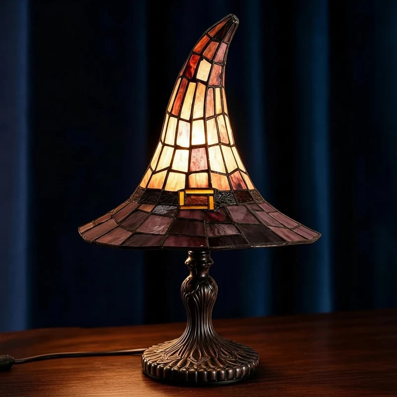 Witch Hat Lamp with Tiffany-Style Stained Glass Lampshade and Antique Bronze Base