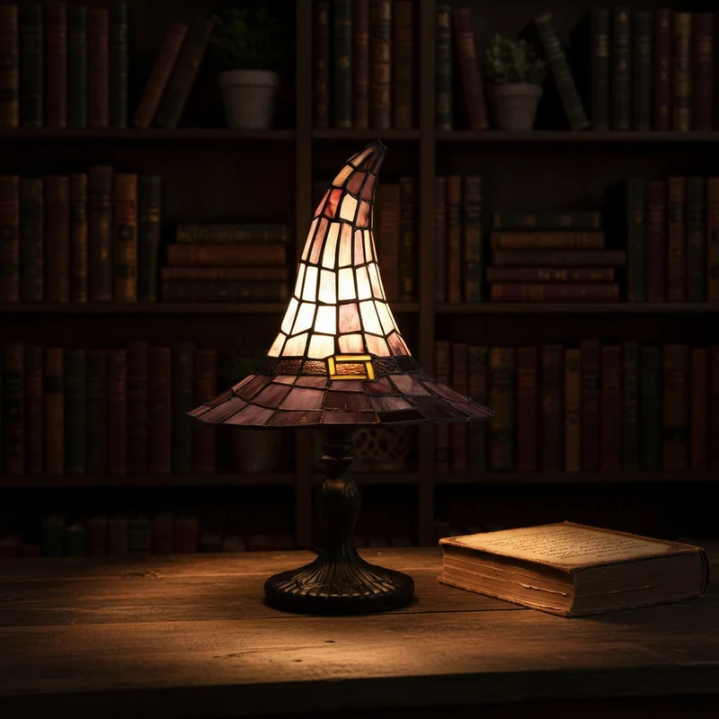 Witch Hat Lamp with Tiffany-Style Stained Glass Lampshade and Antique Bronze Base
