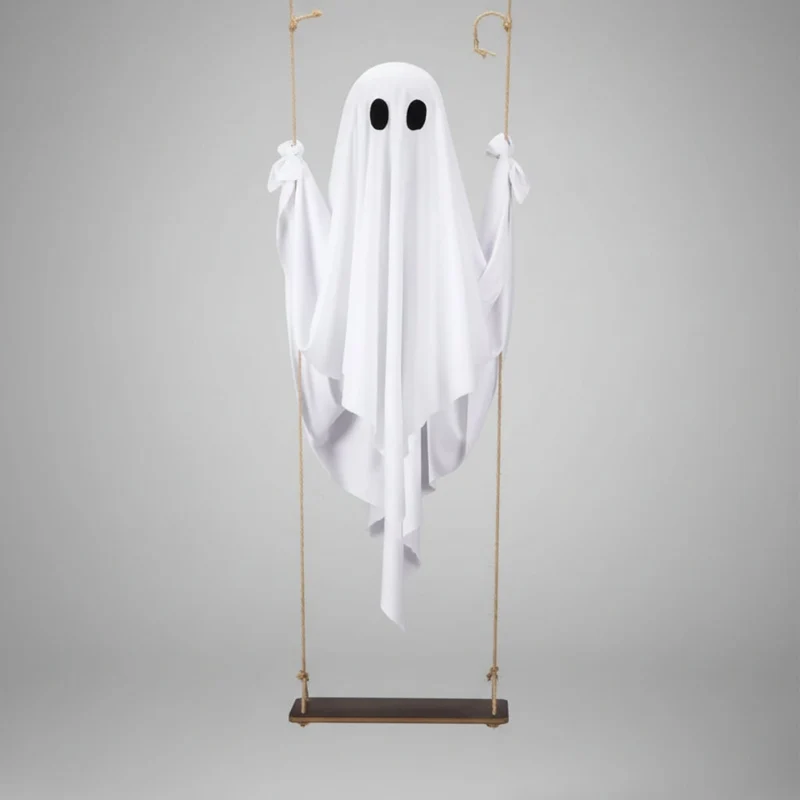 Hanging Ghost Decoration with LED Light and Wooden Swing for Halloween Garden