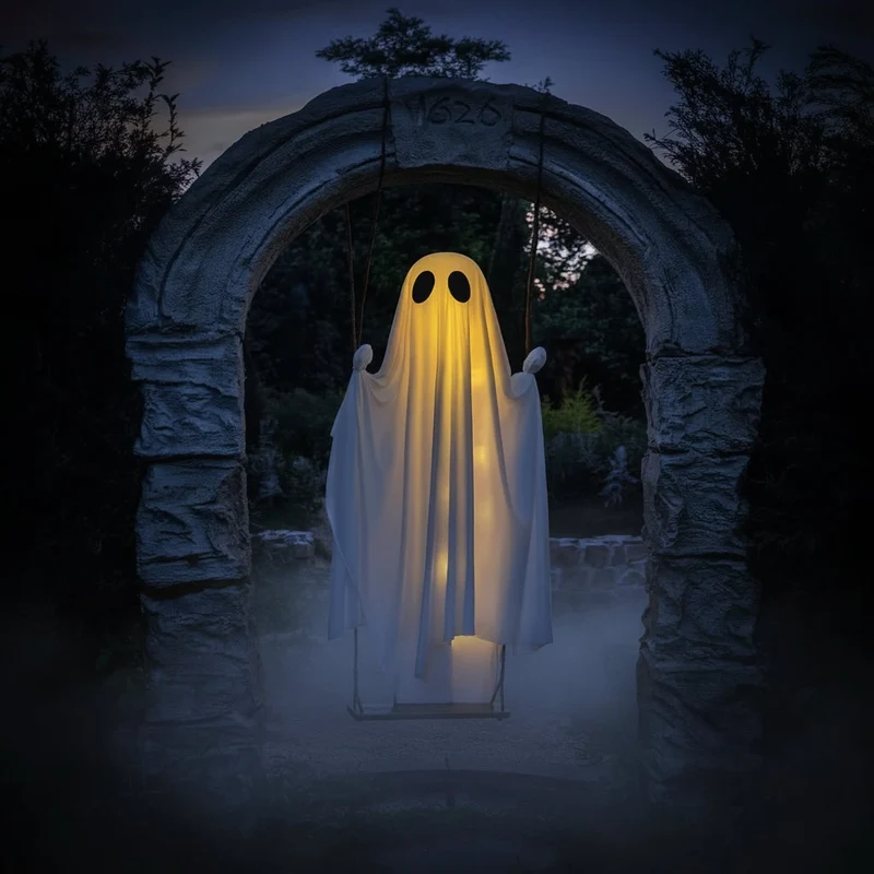 Hanging Ghost Decoration with LED Light and Wooden Swing for Halloween Garden