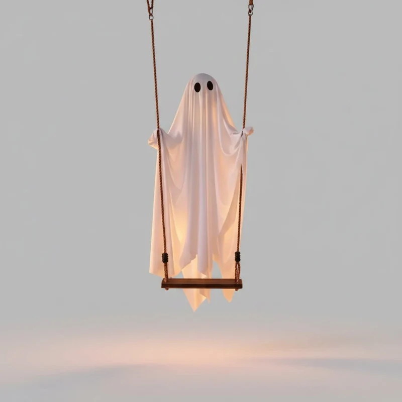 Hanging Ghost Decoration with LED Light and Wooden Swing for Halloween Garden