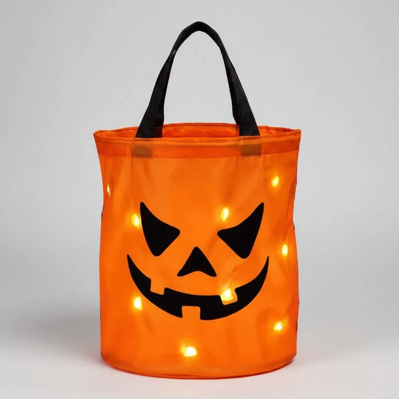 Halloween Candy Bag with LED Light-Up Pumpkin Print and Handles for Trick or Treat