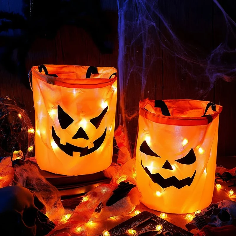 Halloween Candy Bag with LED Light-Up Pumpkin Print and Handles for Trick or Treat