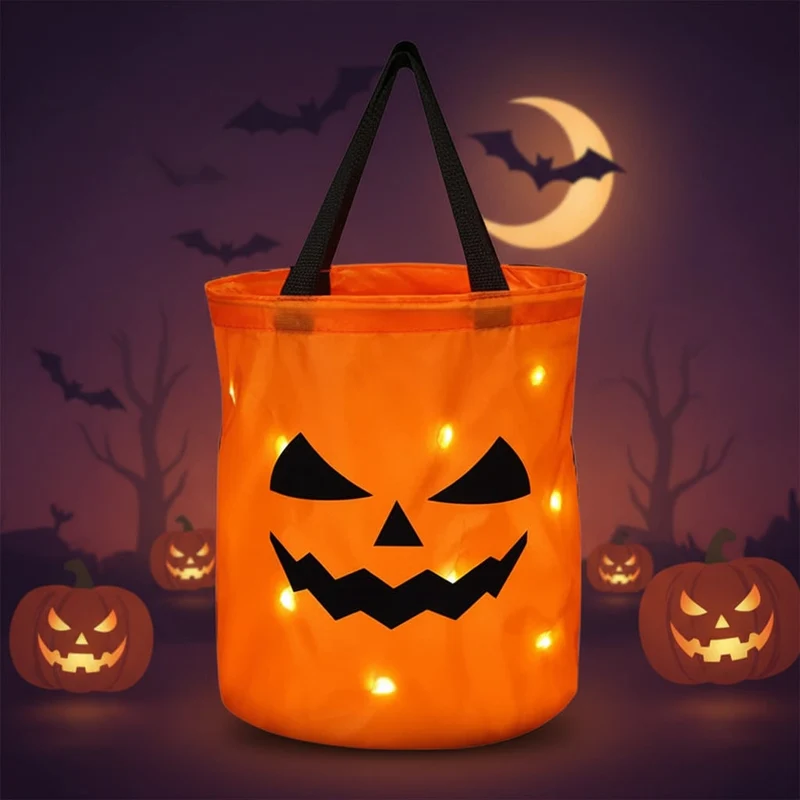 Halloween Candy Bag with LED Light-Up Pumpkin Print and Handles for Trick or Treat