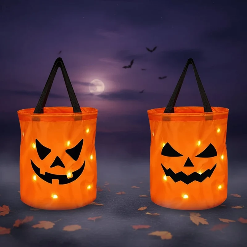 Halloween Candy Bag with LED Light-Up Pumpkin Print and Handles for Trick or Treat