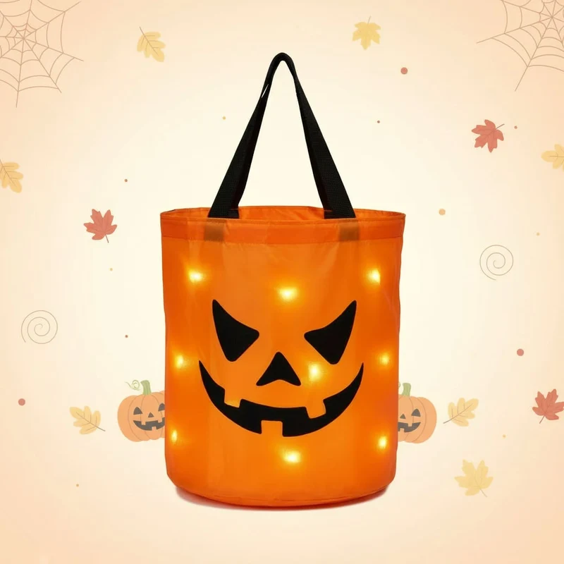 Halloween Candy Bag with LED Light-Up Pumpkin Print and Handles for Trick or Treat