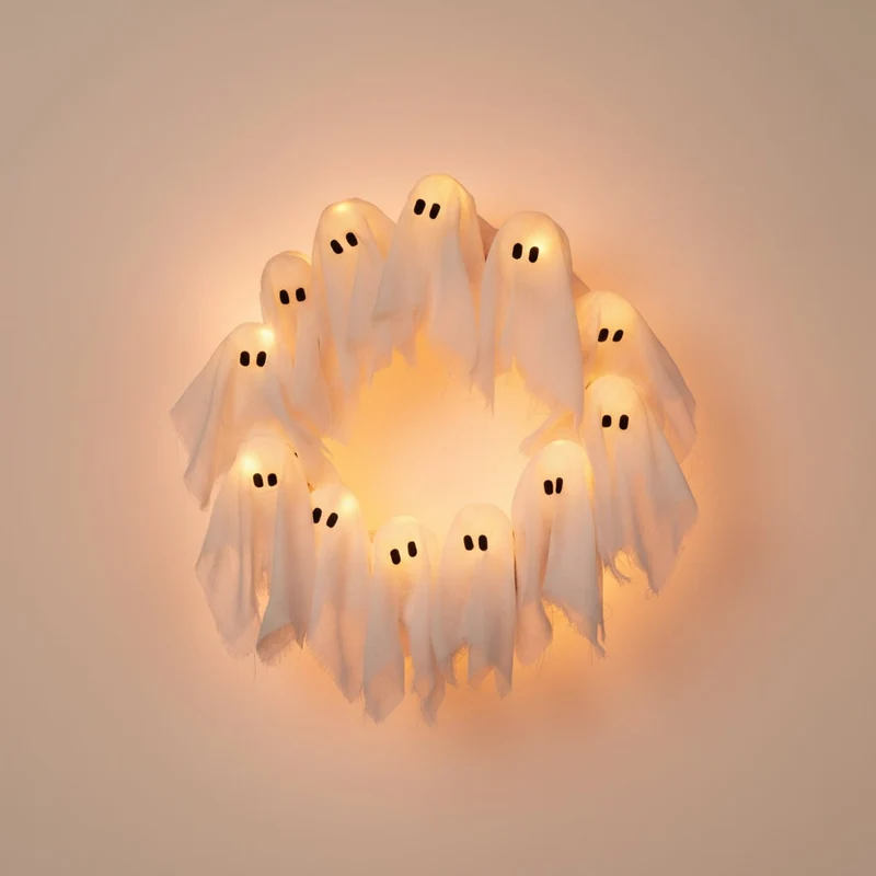 Halloween Wreath with Light Up LED Ghost Decorations and Gauze Fabric