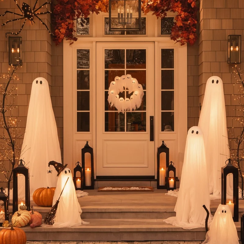 Halloween Wreath with Light Up LED Ghost Decorations and Gauze Fabric