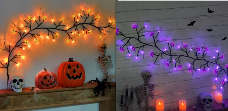 Halloween Lights Outdoor Battery Operated Twig Garland with Bat and Pumpkin LED String