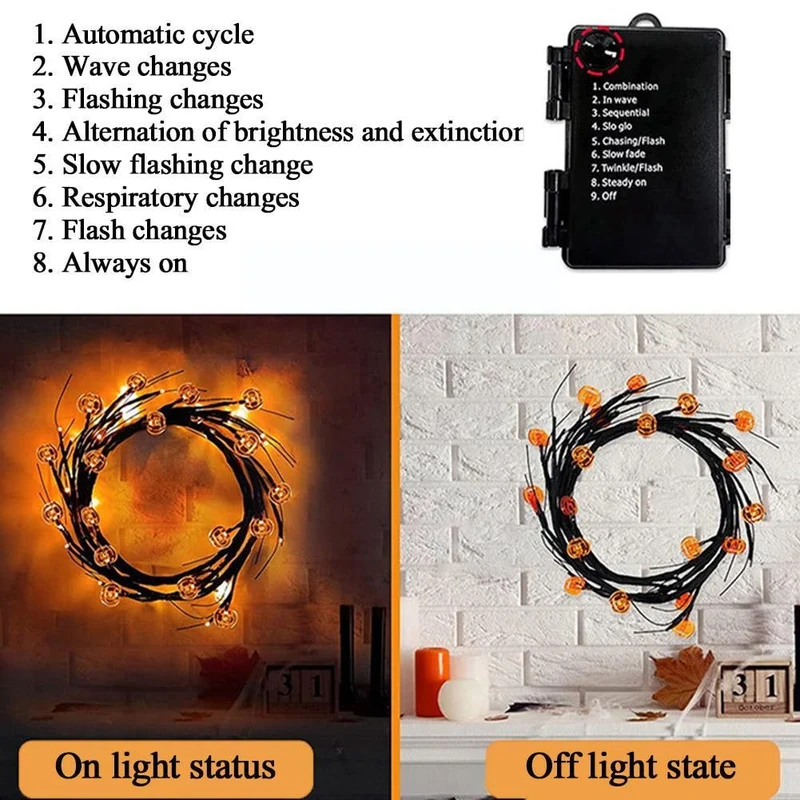 Halloween Lights Outdoor Battery Operated Twig Garland with Bat and Pumpkin LED String