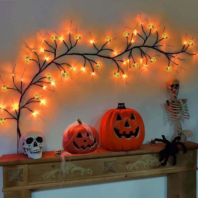 Halloween Lights Outdoor Battery Operated Twig Garland with Bat and Pumpkin LED String