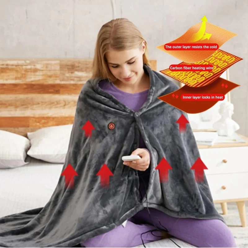 Wearable Heated Blanket Cape with Zipper Plush Fleece and Remote Control