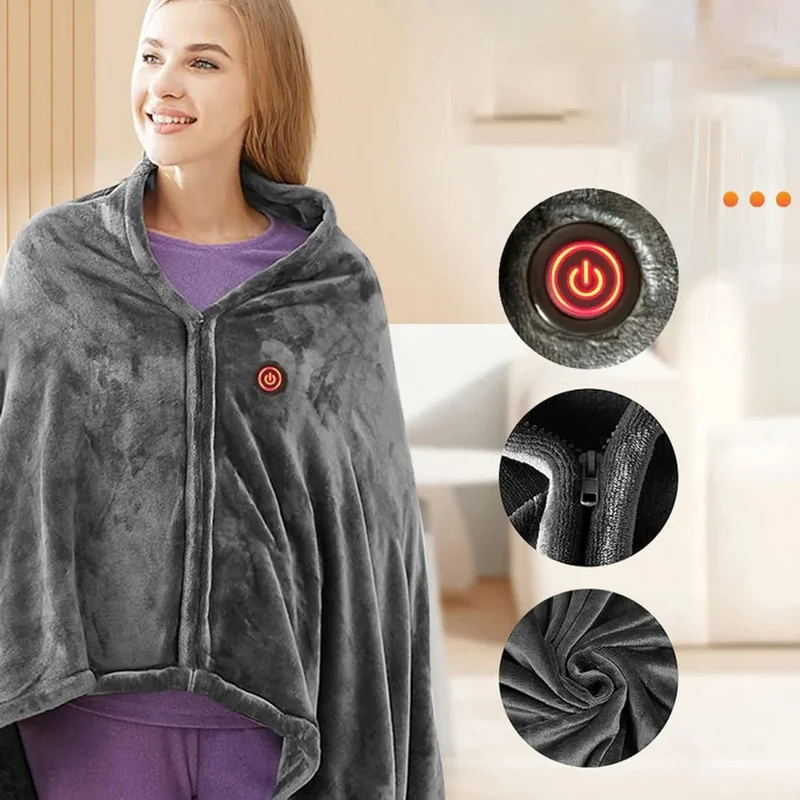 Wearable Heated Blanket Cape with Zipper Plush Fleece and Remote Control