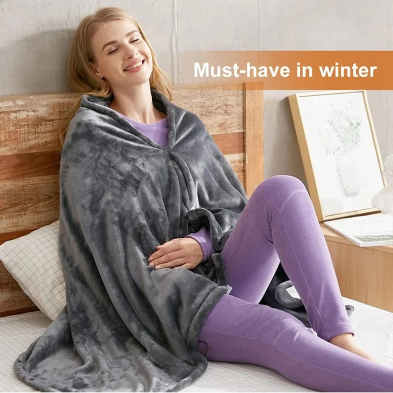 Wearable Heated Blanket Cape with Zipper Plush Fleece and Remote Control