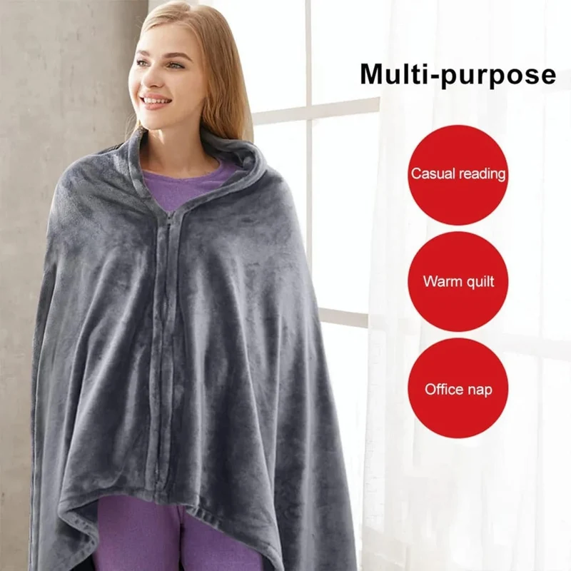 Wearable Heated Blanket Cape with Zipper Plush Fleece and Remote Control
