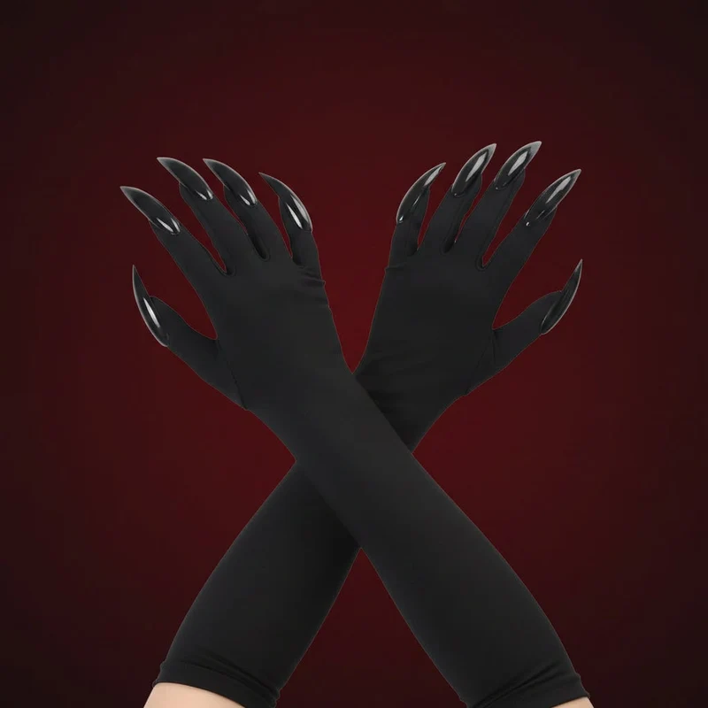 Halloween Long Satin Gloves with Witch Claws for Costumes