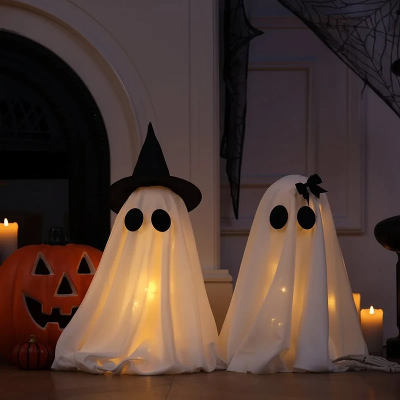 Halloween Decorative Ornaments: Two Glowing Ghosts with LED Lights and Black Witch Hats
