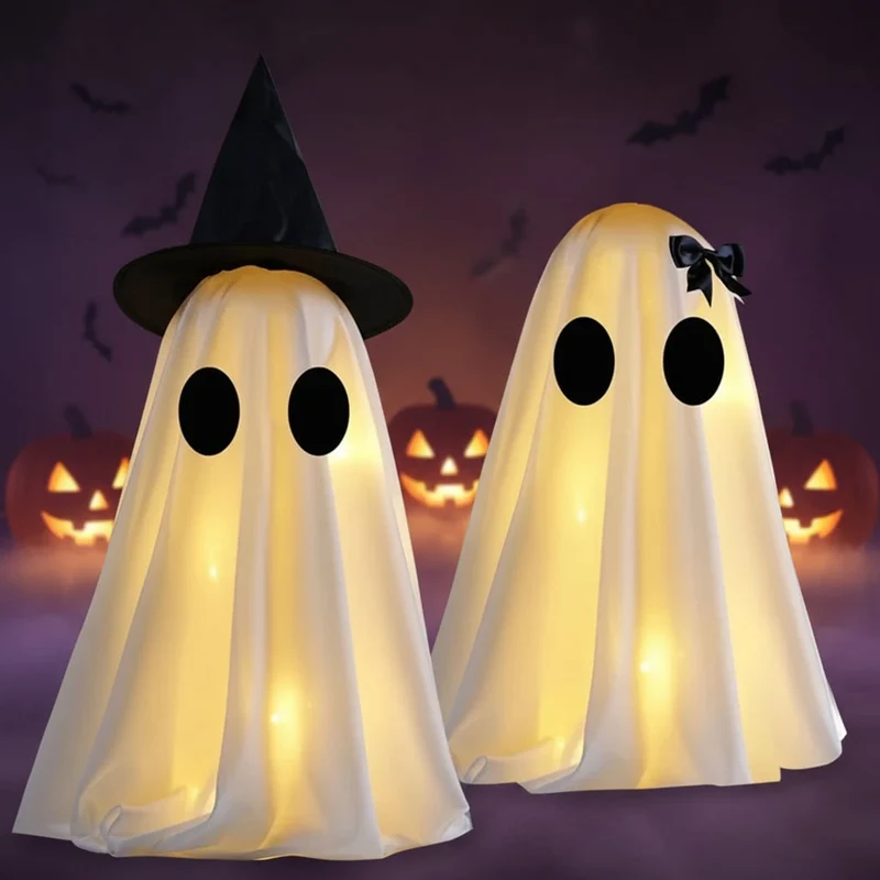 Halloween Decorative Ornaments: Two Glowing Ghosts with LED Lights and Black Witch Hats